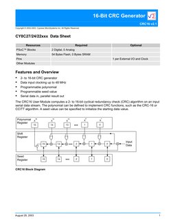 August 29, 2003
1
13.   16-Bit CRC Generator
Copyright © 2002-2003. Cypress MicroSystems Inc. All Rights Reserved.
CY8C27/24/