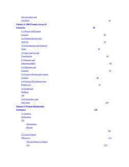 Tips for clarity and
specificity
18
Chapter 4. 1000 Prompts Across 10
Categories
20
4.1 Writing and Content
Creation
20
4.2 P