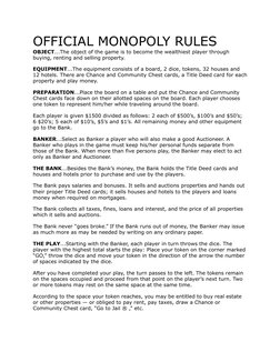OFFICIAL MONOPOLY RULES
OBJECT...The object of the game is to become the wealthiest player through 
buying, renting and selli