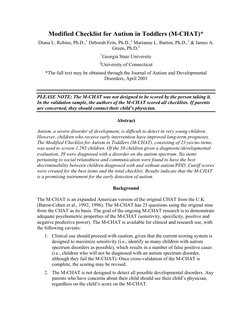 Modified Checklist for Autism in Toddlers (M-CHAT)*
Diana L. Robins, Ph.D.,1 Deborah Fein, Ph.D.,2 Marianne L. Barton, Ph.D.,