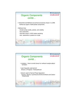 9
TM
TM
Organic Components 
contd…
• Acetonitrile and Methanol are almost exclusively chosen in LC/MS
method as organic mobil