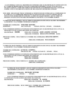 LA LEY FEDERAL Y ESTATAL  REQUIERE QUE USTED DECLARE  EL KILOMETRAJE EN CONNECCION CON 
EL  CAMBIO DE PROPIETARIO EL FA