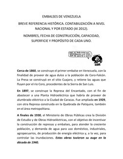EMBALSES DE VENEZUELA 
BREVE REFERENCIA HISTÓRICA. CONTABILIZACIÓN A NIVEL 
NACIONAL Y POR ESTADO (Al 2012). 
NOMBRES, FECHA