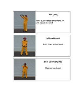 Land (here) 
 
 
Arms outstretched forward and up, 
with back to the wind 
 
 
Hold on Ground 
 
 
Arms down and crossed