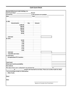 Bacolod Millennium Credit Holdings, Inc.
Cash Count Sheet - ______________________ Branch
Counted by ________________________