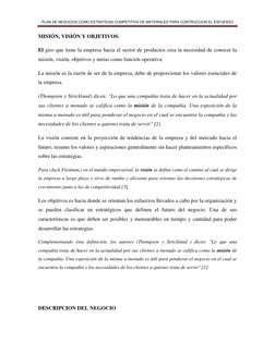 PLAN DE NEGOCIOS COMO ESTRATEGIA COMPETITIVA DE MATERIALES PARA CONTRUCCION EL ESFUERZO 
 
MISIÓN, VISIÓN Y OBJETIVOS. 
El