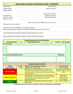Survey Date(s):
Supplier Contact(s):
Supplier Phone Number:
Supplier Fax Number:
Audit Team Members:
Reason for Audit:
Date o