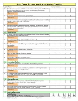 Survey Date(s):
John Deere Process Verification Audit - Checklist
Supplier Name:
   Comments:
   Comments:
   Comments:
   Co