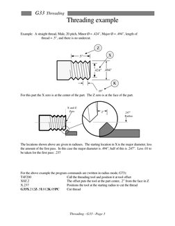 G33 Threading
 
Threading - G33 - Page 3 
Threading example 
 
Example:  A straight thread, Male, 20 pitch, Minor Ø = .424”,