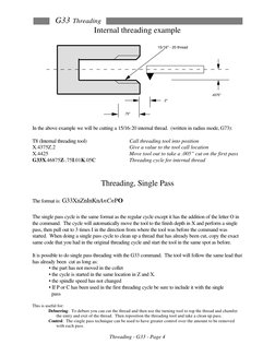 G33 Threading
 
Threading - G33 - Page 4 
Internal threading example 
 
15/16" - 20 thread
.4375"
.75"
.2"
 
 
In the above e
