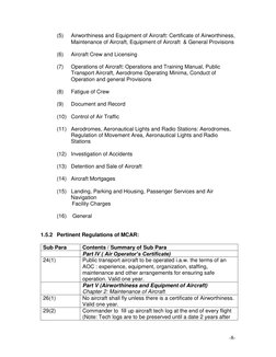 -8- 
 
(5) 
Airworthiness and Equipment of Aircraft: Certificate of Airworthiness, 
Maintenance of Aircraft, Equipment of