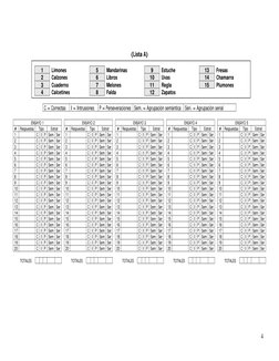 4 
 
(Lista A) 
 
1 
Limones 
 
5 
Mandarinas 
 
9 
Estuche 
 
13 
Fresas 
2 
Calzones 
 
6 
Libros 
 
10 
Uvas 
 
14 
Cham