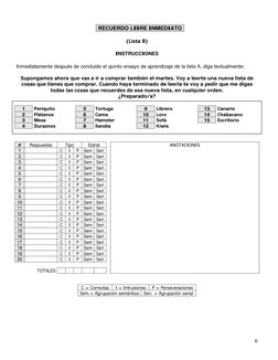 6
 
RECUERDO LIBRE INMEDIATO
  
(Lista B) 
 
INSTRUCCIONES 
 
Inmediatamente después de concluido el quinto ensayo de apren