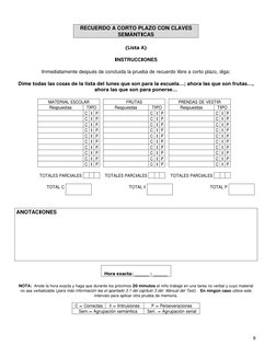8
RECUERDO A CORTO PLAZO CON CLAVES 
SEMÁNTICAS 
 
(Lista A) 
 
INSTRUCCIONES 
 
Inmediatamente después de concluida la pru