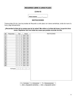 9
RECUERDO LIBRE A LARGO PLAZO
 
(Lista A) 
 
 
Hora exacta: _____ : _____ 
 
INSTRUCCIONES 
 
Transcurridos 20 min, tras l