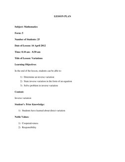 Inverse Variation Lesson Plan for Grade 5 | PDF | Educational ...