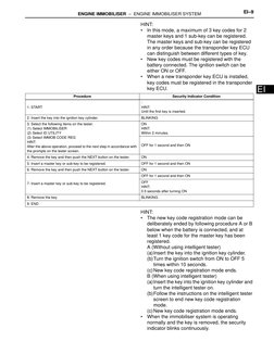 ENGINE IMMOBILISER  –  ENGINE IMMOBILISER SYSTEM
EI–9
EI
HINT:
•
In this mode, a maximum of 3 key codes for 2 
master keys an