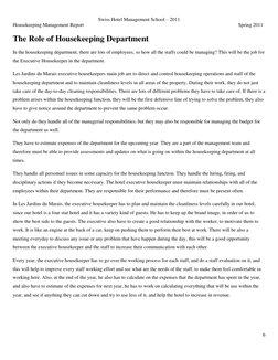 Swiss Hotel Management School – 2011 
Housekeeping Management Report 
Spring 2011 
 
6 
 
The Role of Housekeeping Department