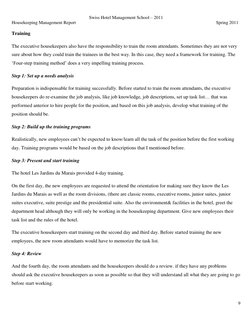 Swiss Hotel Management School – 2011 
Housekeeping Management Report 
Spring 2011 
 
9 
 
Training 
The executive housekeeper