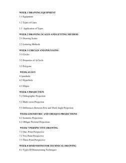 WEEK 1 DRAWING EQUIPMENT 
1.1 Equipment 
1.2 Types of Lines 
1.3  Application of Types  
WEEK 2 DRAWING SCALES AND LETTING