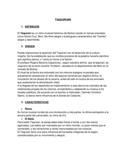 TAQUIRARI 
 
1. DEFINICION 
 
El Taquirari es un ritmo musical folclórico de Bolivia  (http://es.wikipedia.org/wiki/Bolivia
