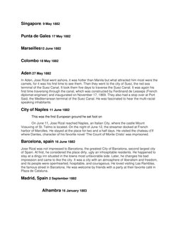 Singapore. 9 May 1882 
Punta de Gales 17 May 1882 
Marseilles12 June 1882 
Colombo 18 May 1882 
Aden 27 May 1882  
In Aden, J