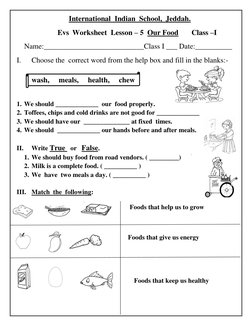 International  Indian  School,  Jeddah. 
Evs Worksheet  Lesson – 5  Our Food       Class –I 
Name:_________________________