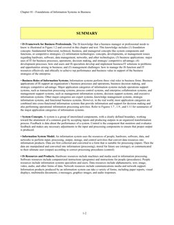 Chapter 01 - Foundations of Information Systems in Business
SUMMARY
• IS Framework for Business Professionals. The IS knowled