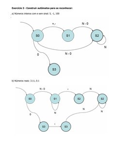 Exercício 3 - Construir autômatos para se reconhecer: 
 
a) Números inteiros com e sem sinal: 5, -1, 100 
 
 
 
b) Números