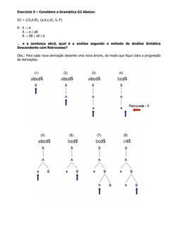 Exercício 5 – Considere a Gramática G2 Abaixo: 
 
G2 = {{S,A,B}, {a,b,c,d}, S, P}  
 
P:  S → A 
     A → a | aB 
     B → bB