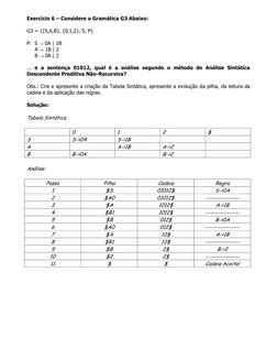 Exercício 6 – Considere a Gramática G3 Abaixo: 
 
G3 = {{S,A,B}, {0,1,2}, S, P}  
 
P:  S → 0A | 1B 
     A → 1B | 2 
     B