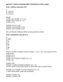 Exercício 7 - Calcule os conjuntos FIRST e FOLLOW para os itens a seguir: 
 
a) G4 = ({S,B,C}, {a,b,c,d,e}, S, P) 
 
P: 
S ->