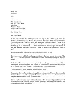 Step One
-----------
Date
Mr. Ram Kishan
S/o Shri. Ram Lakhan
Machinist
Machine Shop
Employee Code: 10906
Sub: Charge Sheet
M