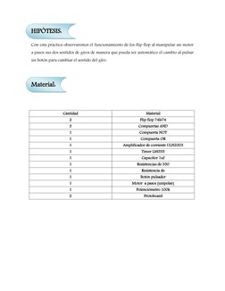 HIPÓTESIS: 
Con esta práctica observaremos el funcionamiento de los flip flop al manipular un motor 
a pasos sus dos sentidos