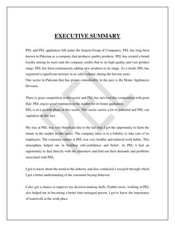 EXECUTIVE SUMMARY 
 
PEL and PEL appliances fall under the Saigon Group of Companies. PEL has long been 
known in P