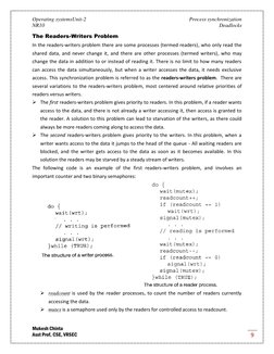Operating systemsUnit-2 
 
Process synchronization 
NR10 
 
Deadlocks 
Mukesh Chinta 
Asst Prof, CSE, VRSEC 
9 
The Readers-W