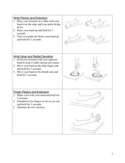 3 
Wrist Flexion and Extension 
1. Place your forearm on a table with your  
hand over the edge and your palm facing  
down.