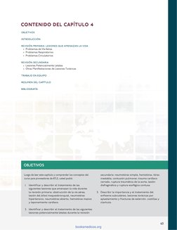 Contenido delL capítulo 4
Objetivos 
Introducción 
Revisión Primaria: Lesiones que amenazan la Vida
•	 Problemas de Vía Aérea
