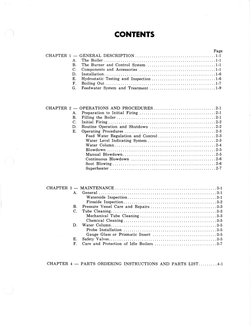 CONTENTS 
Page 
CHAPTER 1 -
GENERAL DESCRIPTION ....................................... 1-1 
A. 
The Boiler .................
