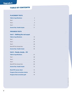 TABLE OF CONTENTS
PLACEMENT TESTS
Table of specifications  
 4
Test 1  
 5
Test 2  
 9
Test 3  
 13
Answer Key / Audio Scri