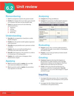 Unit review
6.2
Analysing
 12 Compare dissolving and diffusion.
 13 Compare the properties of solids, liquids and gases 
by c