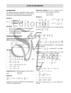 BANCO DE EJERCICIOS
4
Editorial
LEYES DE EXPONENTES
POTENCIACIÓN
Es aquella operación matemática donde, dados 
dos elementos