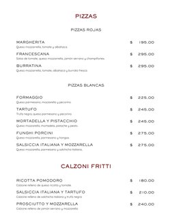 PIZZAS
PIZZAS ROJAS
PIZZAS BLANCAS
MARGHERITA
FRANCESCANA
Queso mozzarrella, tomate y albahaca.
Salsa de tomate, queso mozzar