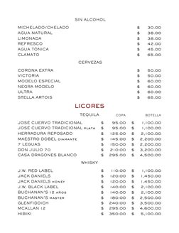 TEQUILA
COPA
BOTELLA
JOSÉ CUERVO TRADICIONAL
JOSÉ CUERVO TRADICIONAL plata
HERRADURA REPOSADO
MAESTRO DOBEL diamante
7 LEGUAS