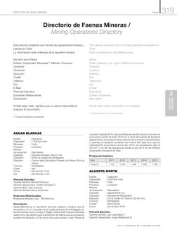 2016 m C O M P E N D I O  D E  L A  M I N E R I A  C H I L E N A
319
DIRECTORIO DE FAENAS MINERAS 	
Página
DIRECTORIOS
DIRECT