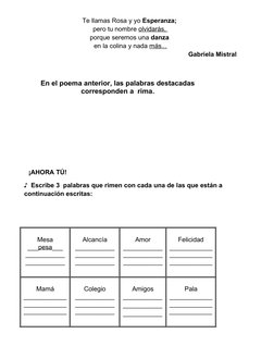 Te llamas Rosa y yo Esperanza; 
pero tu nombre olvidarás, 
porque seremos una danza 
en la colina y nada más...
Gabriela Mist