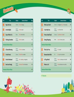 Unit
Title
Subject
Sentence Pattern
Page
1
My Little Zoo
Science
He looks happy.
6
2
At the Buffet
Social
Studies
It tastes s