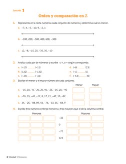 1
Lección
Orden y comparación en ℤ​​
1.	
Representa en la recta numérica cada conjunto de números y determina cuál es menor.