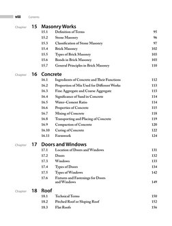 viii 
 
Contents
Chapter 
15 Masonry Works
 
15.1 
Deﬁ nition of Terms 
95
 
15.2 
Stone Masonry 
96
 
15.3 
Classiﬁ cation o