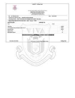 College Seal
Print Date:
25/2/2023
 RECEIPT - (College Copy)
FEES STRUCTURE FOR THE YEAR 2022 - 2023
Course - TYFM
PARTICULAR
